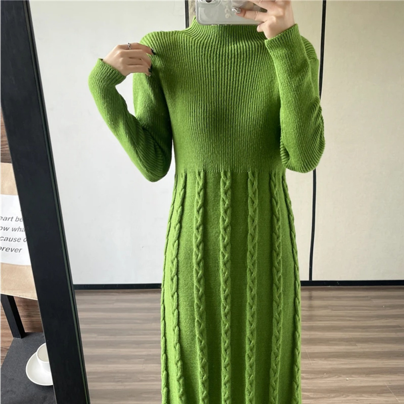 

Elegant Cable-knit Midi Sweater Dress - Chic High Neck, Slimming Waist, , 100% Acrylic, Fall &