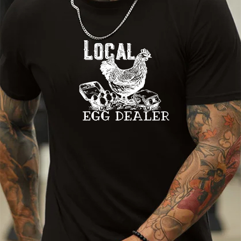 

Local Egg Dealer Print Men's Crew Neck T-shirt, Short Sleeve Comfy Versatile Tee Tops, Summer Casual Clothing