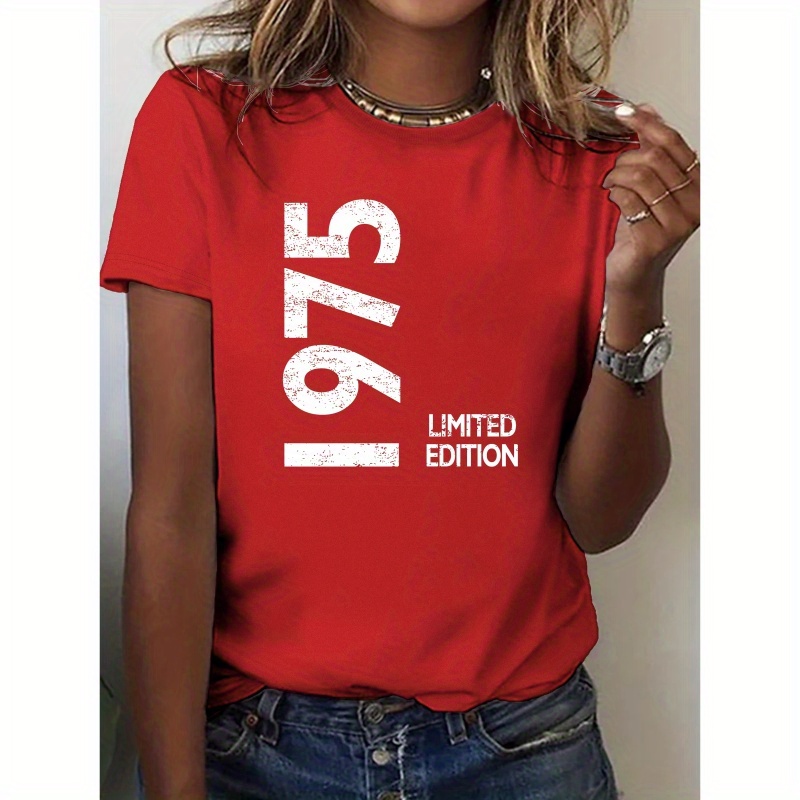 

1975 Limited Edition Print T-shirt, Casual Crew Neck Short Sleeve Top For Spring & Summer, Women's Clothing