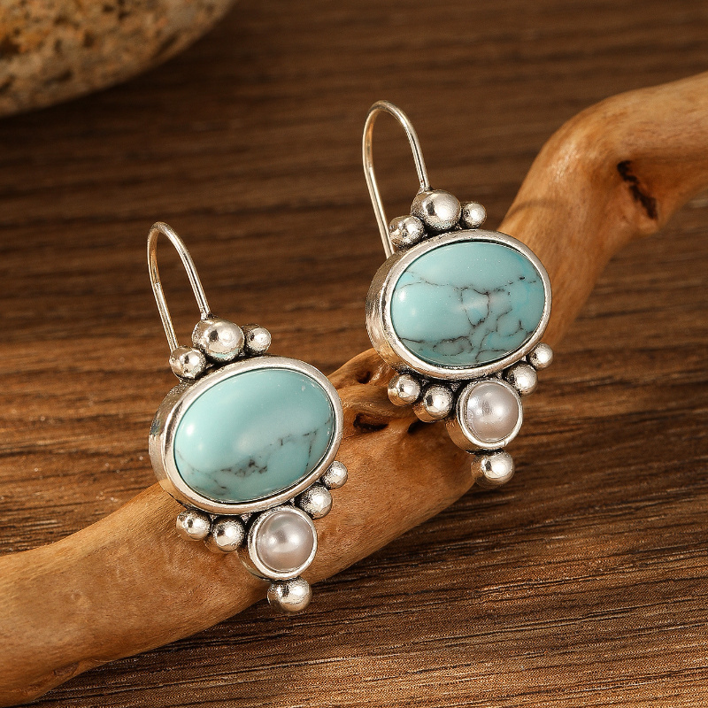 

1pair Vintage Turquoise Women's Dangle Drop Earrings Elegant Pearl Jewelry Suitable For Holiday Commemorative Gifts To Friends