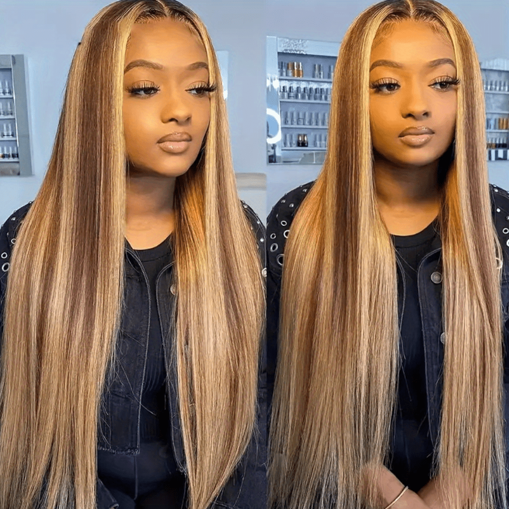 

Long Straight Honey Blonde Ombre 13x4 Hd Lace Front Wig Human Hair Pre- Plucked With Baby Hair 4/27 Highlight 13x4 Hd Lace Frontal Wigs Invisible Lace Frontal Wigs Human Hair For Women 200 Density