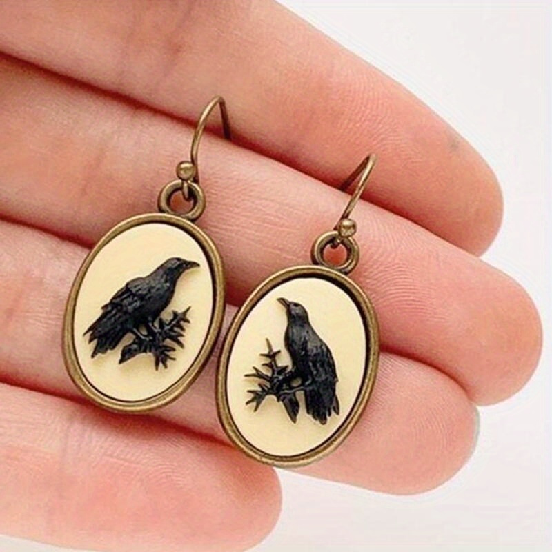 

1pair Gothic Oval Shape With Black Twig Pattern Dangle Drop Earrings Retro Jewelry Gift