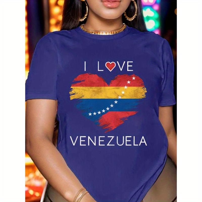 

Heart Symbol For Venezuela Print T-shirt, Short Sleeve Crew Neck Leisure T-shirt For Spring & Summer, Women's Clothing