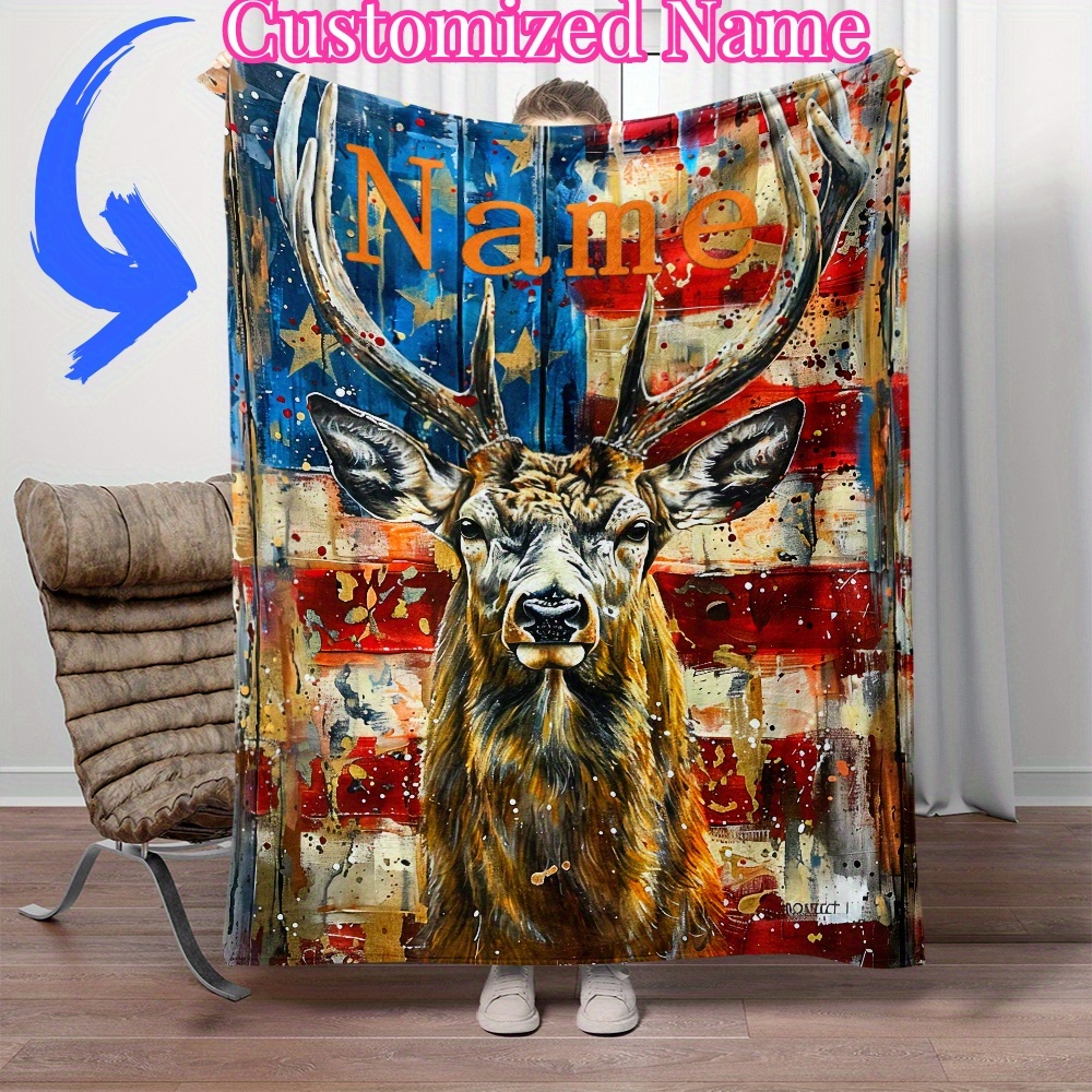 

Custom Name Personalized Deer Oil Painting Blanket - Lightweight Flannel Throw For Home, Travel, Camping - Digital Printing Fleece With Soft And Warm Fabric - Hand Wash Or Machine Wash