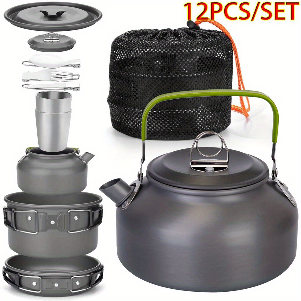 

12-piece Outdoor Camping Cookware Set - Durable Aluminum Alloy, Includes Pots, Teapot, Knife, Fork, Cups & Stove Camping Cooking Equipment Camping Utensil Set