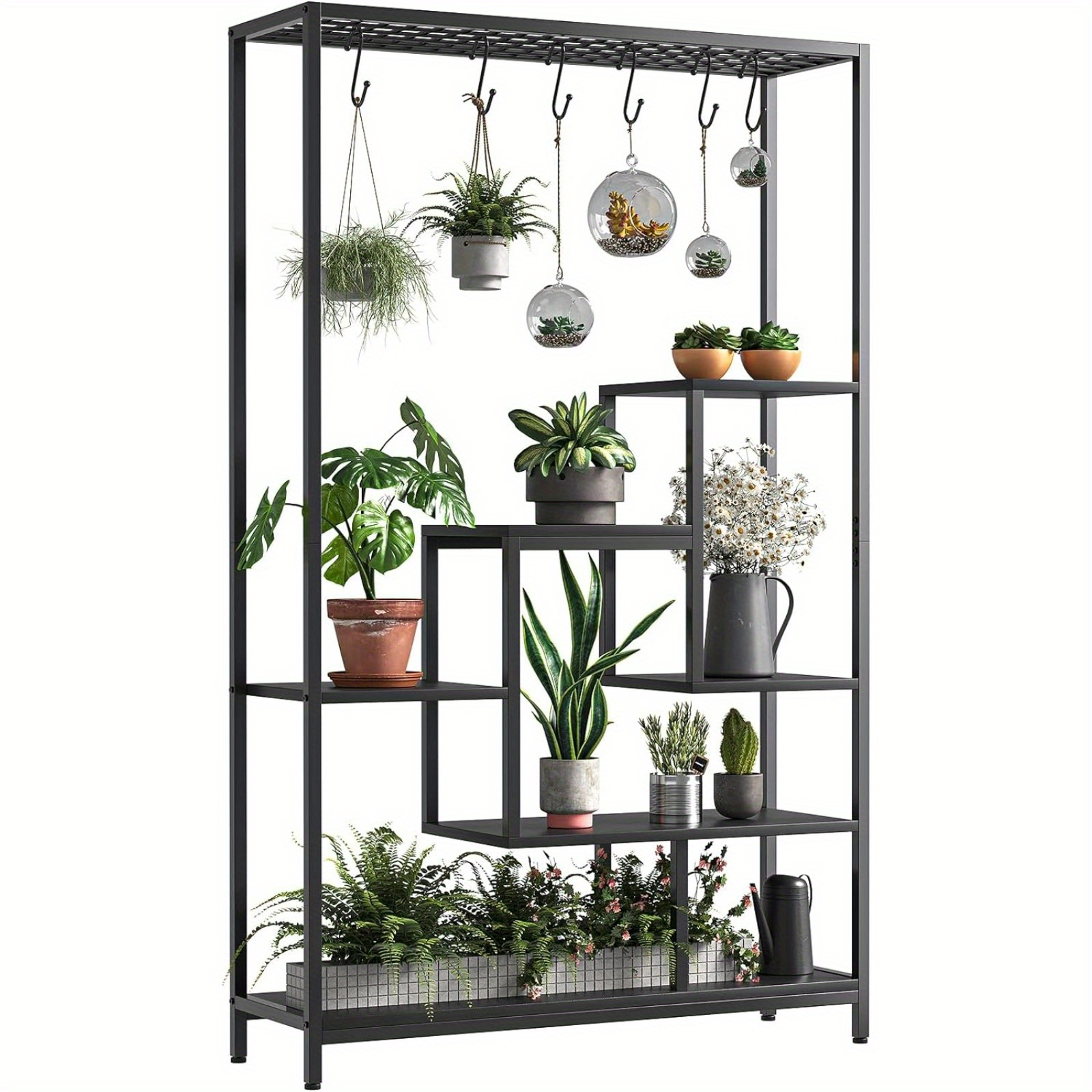 

1 Pack Indoor Plant Stand 5-tier Tall 70.9", Large Metal Plant Shelf With Hanging Hooks, Multi-purpose Display Rack, Flower Bonsai Pots Organizer For Garden, Balcony, Living Room
