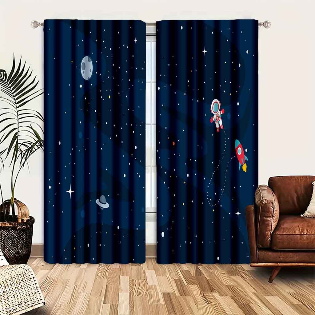 

Semi-sheer Jacquard Polyester Space Astronaut Themed Rod Pocket Curtains - Glam Style Rocket And Planet Print For Living Room Bedroom, Machine Washable, Durable Non-woven Fabric, No Accessory Needed
