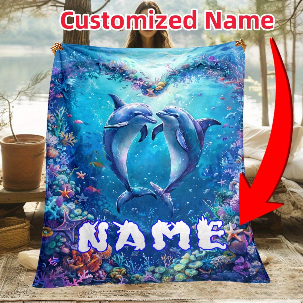 

Custom Love Dolphin Personalized Blanket - Soft, Lightweight Flannel Throw For Couch, Bed, Travel & Camping - Digital Printed With Your Name, Available In Multiple Sizes