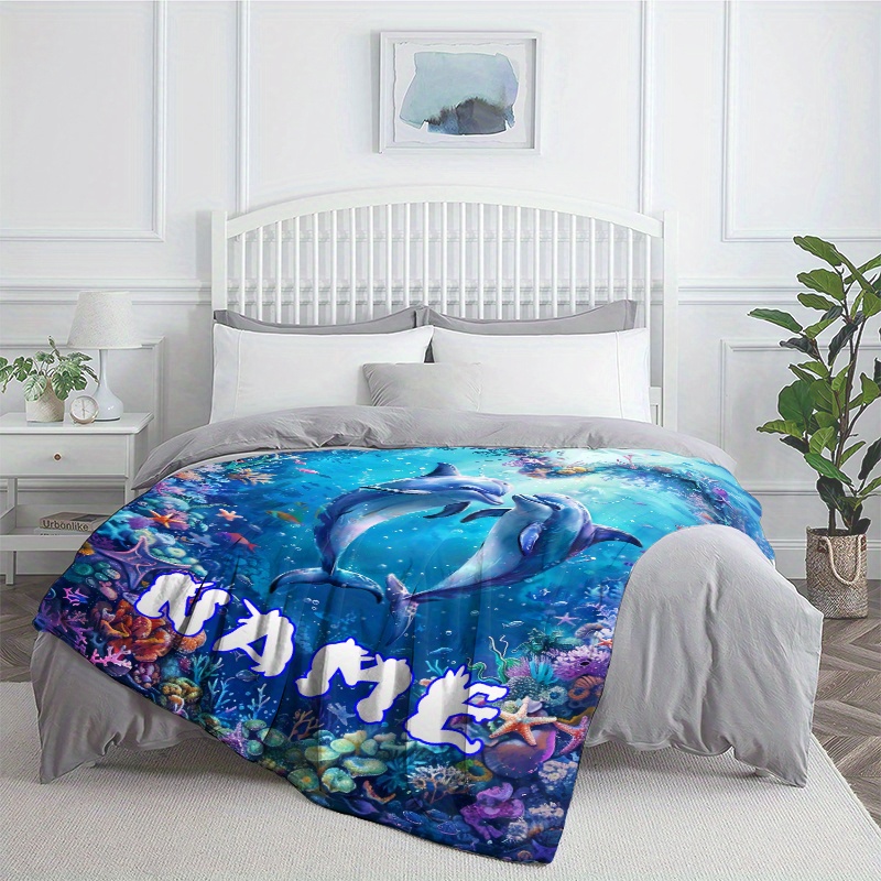 TEMU 1pc Love Dolphin Custom Name Portable Blanket- Lightweight Flannel Throw For Sofa, Bed, Travel, Camping, Livingroom, Office, Couch, Chair, And