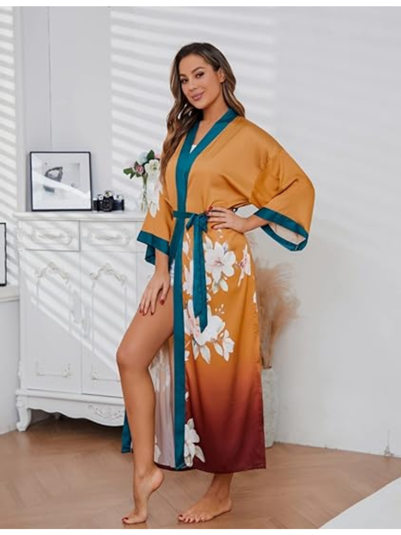 Roupões de Kimono Feminino para Mulher Roupões de Banho Roupas de Dormir  para Feminino Impressão Floral de Casamento Roupão de Noiva Camisola d