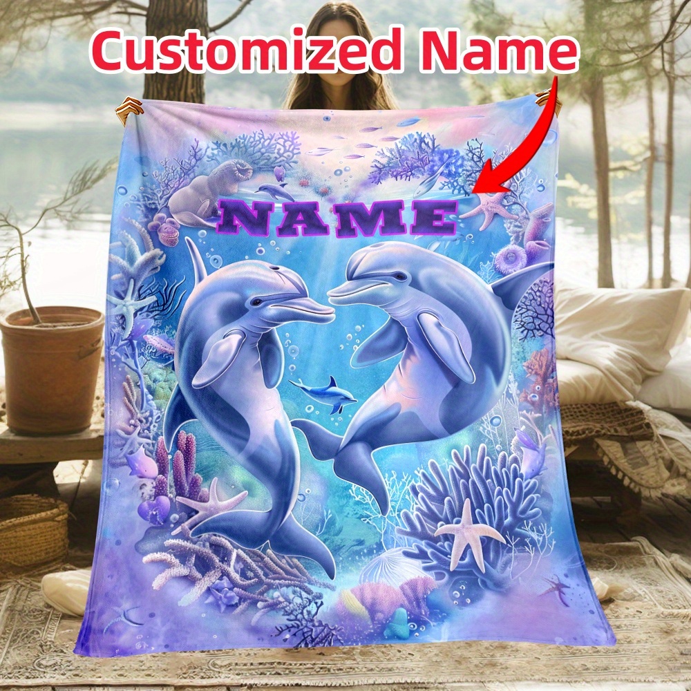 

Custom Dolphin Ocean-themed Flannel Throw Blanket - Personalized Name, Lightweight & Warm For Couch, Bed, Travel, Camping - Soft Digital Print Fabric, Machine Washable