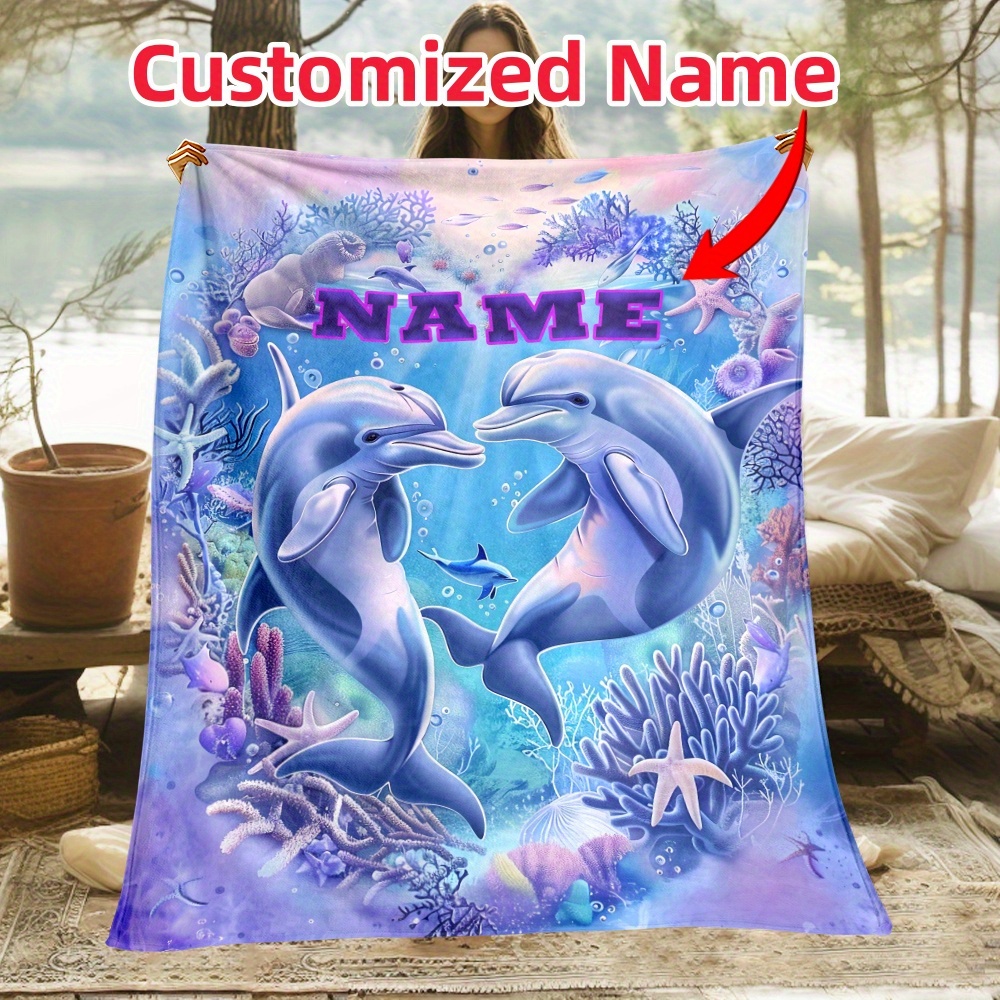 

Custom Dolphin Ocean-themed Flannel Throw Blanket - Soft, Lightweight & Warm For Couch, Bed, Travel, Camping | Personalized Name Option | In 3 Sizes