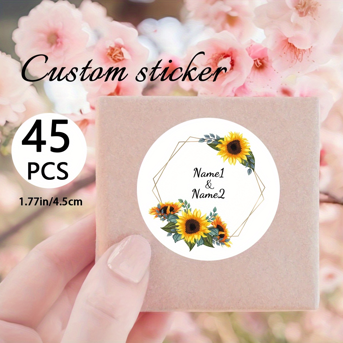 

Custom 45 Pcs Sunflower Name Stickers - Perfect For Wedding, Anniversary, Or Any Special Occasion - White With Golden Geometric Design - 1.77in/4.5cm