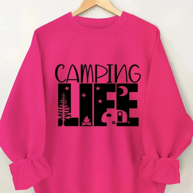 

Camping Life Print Pullover Sweatshirt, Casual Long Sleeve Crew Neck Sweatshirt For Fall & Winter, Women's Clothing