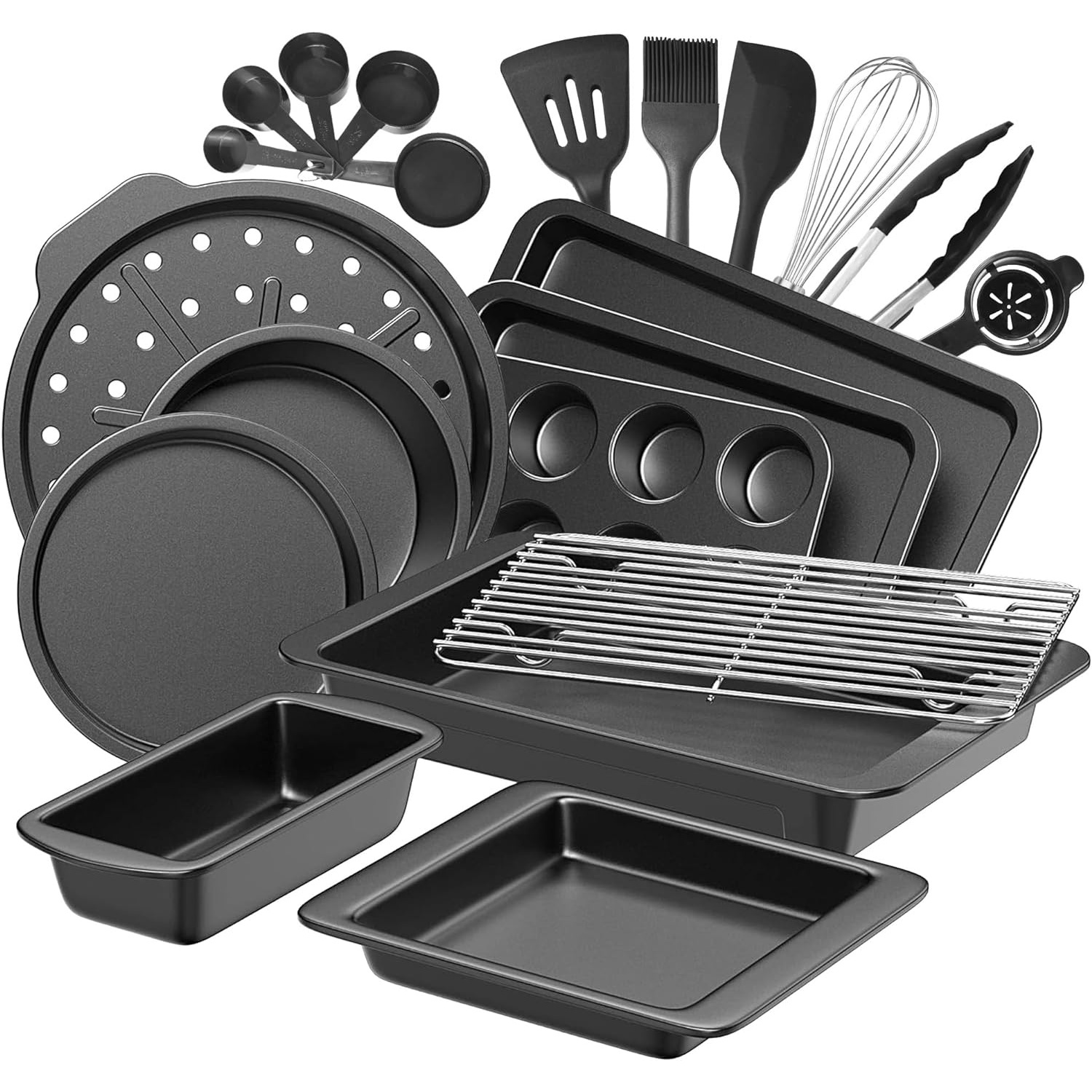

Hongbake Bakeware Sets, Baking Pans Set With Kitchen Utensils, Nonstick Oven Pan With Wider Grips, 17 Pieces Including Rack, Cookie Sheet, Cake, Loaf, Muffin, Pizza Pan