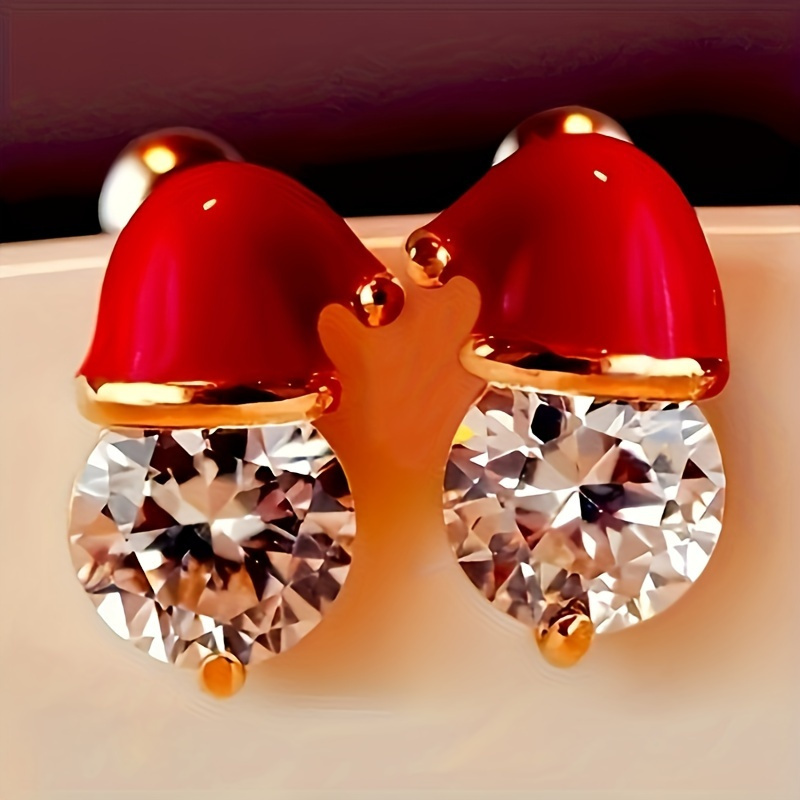 

2 Pairs Women Fashion Stud Earrings Inlaid Shiny Zirconia Cute Christmas Hat Christmas Party Gifts Daily Accessories