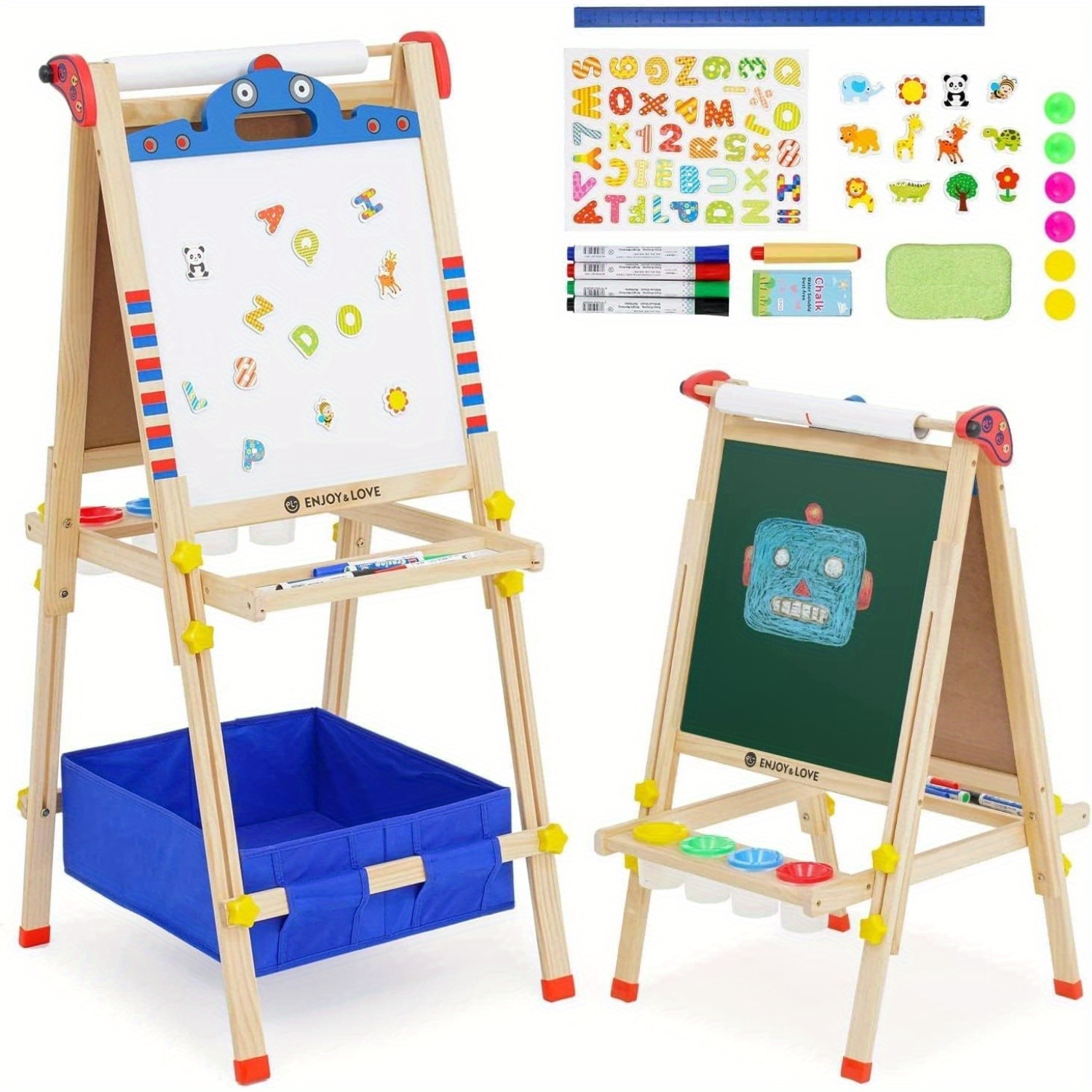 Wooden   | 3-In-1 Easel, Adjustable Height with Paper Roll, Whiteboard, Cartoon Stickers, And 4 Paint Bowls with  