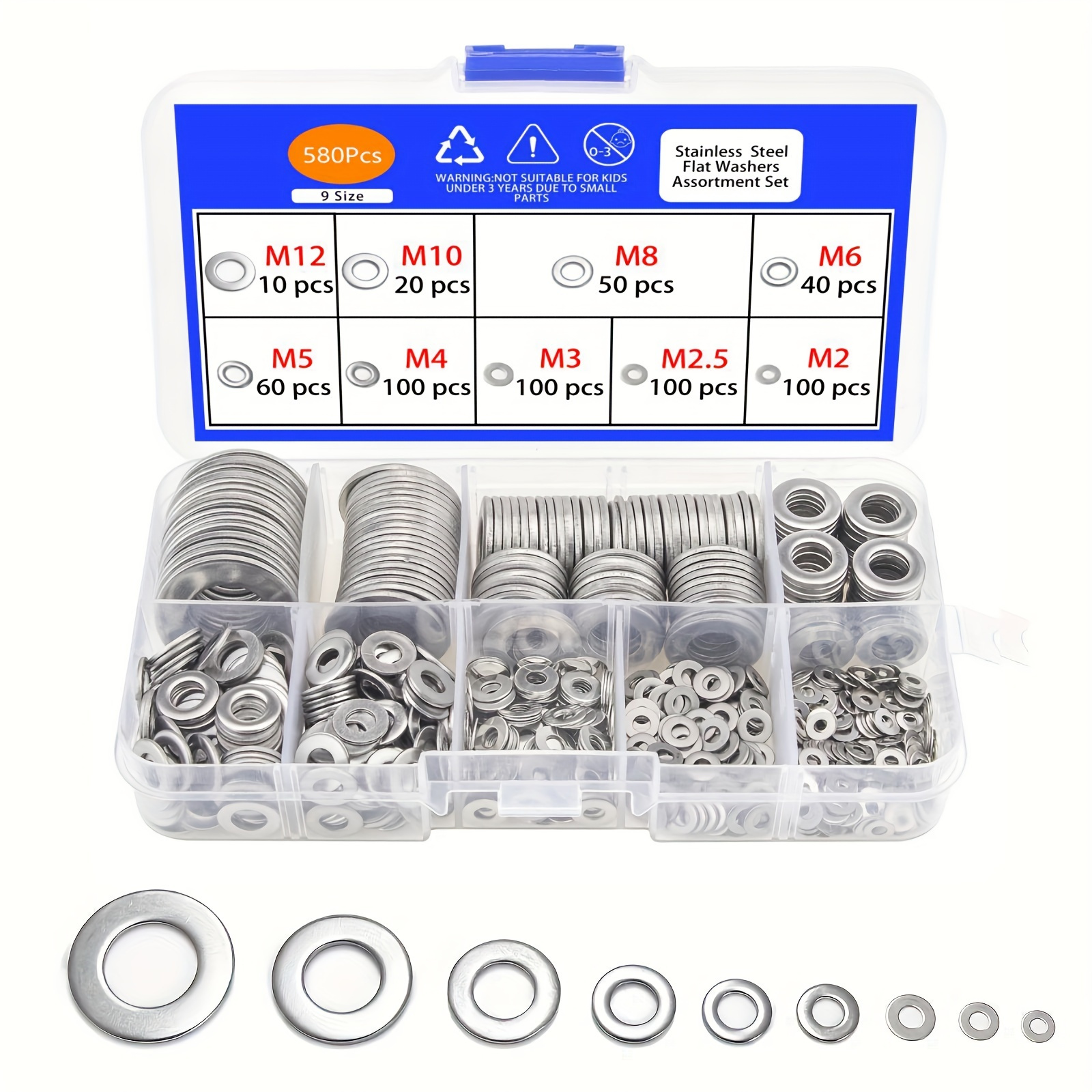 TEMU 580 Pcs Stainless Steel Flat Washers Assortment Set: Includes 9 Sizes (m2-m12) For Screws, Bolts, And Fender Washers - Suitable For Home And Industrial Use