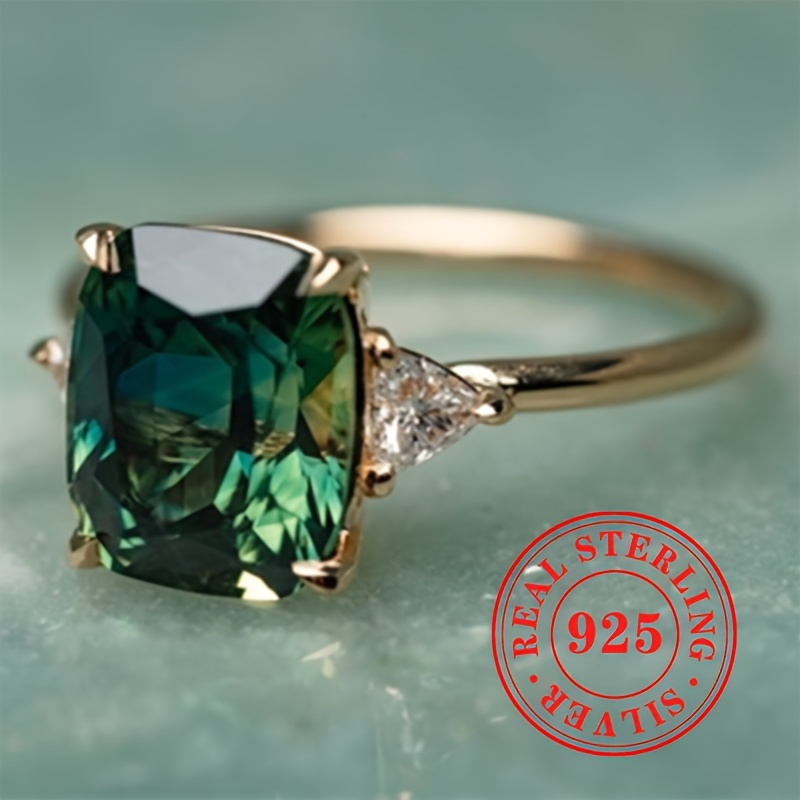 

Elegant 925 Sterling Silver Ring With Synthetic Green Gemstone And Zircon Inlay - Perfect For Engagement, Banquets, And Daily Wear - Ideal Valentine's Day Or Anniversary Gift