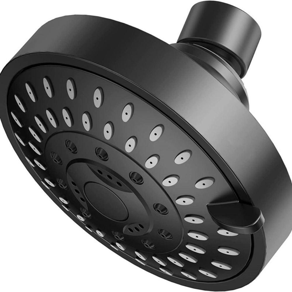 

1pc 5-setting High Pressure Rain Shower Head, Black Panel Handheld Shower Head, Adjustable Water Output Shower Head, Round Spray Head, Bathroom Hardware, Bathroom Accessories