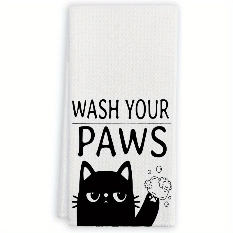 

Woven Polyester Blend Dish Towel | Contemporary Super Soft Kitchen Towel With Animal Theme | Cat Graphic 'wash Your Paws' | Machine Washable | 18x26 Inches Cat Lovers Kitchen Accessory