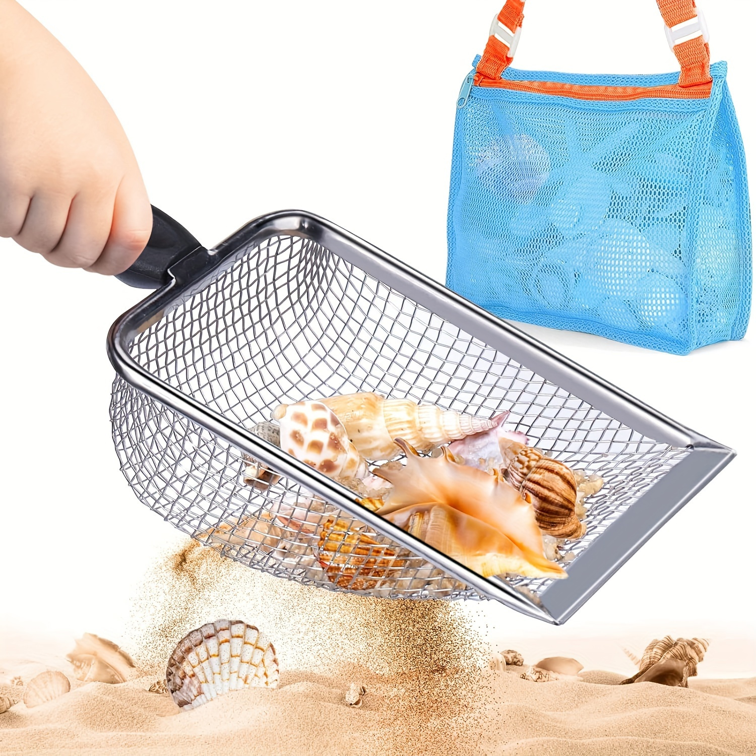 

1pc Abs Beach Net Shovel With Mesh Filter - Ideal For Shell & Collecting, Sand Play, And Toy Storage - Blue & Gray With Orange Handle