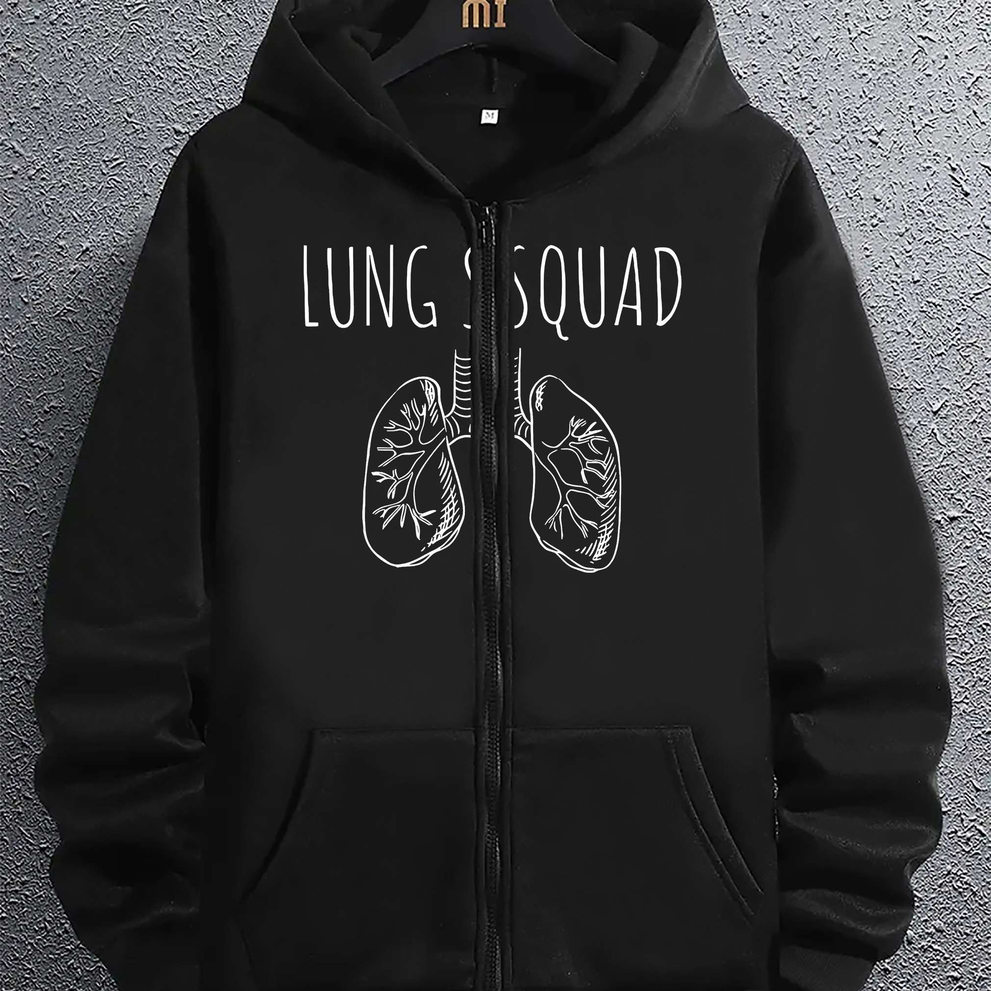 

Lung Squad Graphic Print Men's Long Sleeve Hoodie, Zip-up Hooded Sweatshirt With Kangaroo Pocket, Casual Comfortable Versatile Top For Autumn & Winter