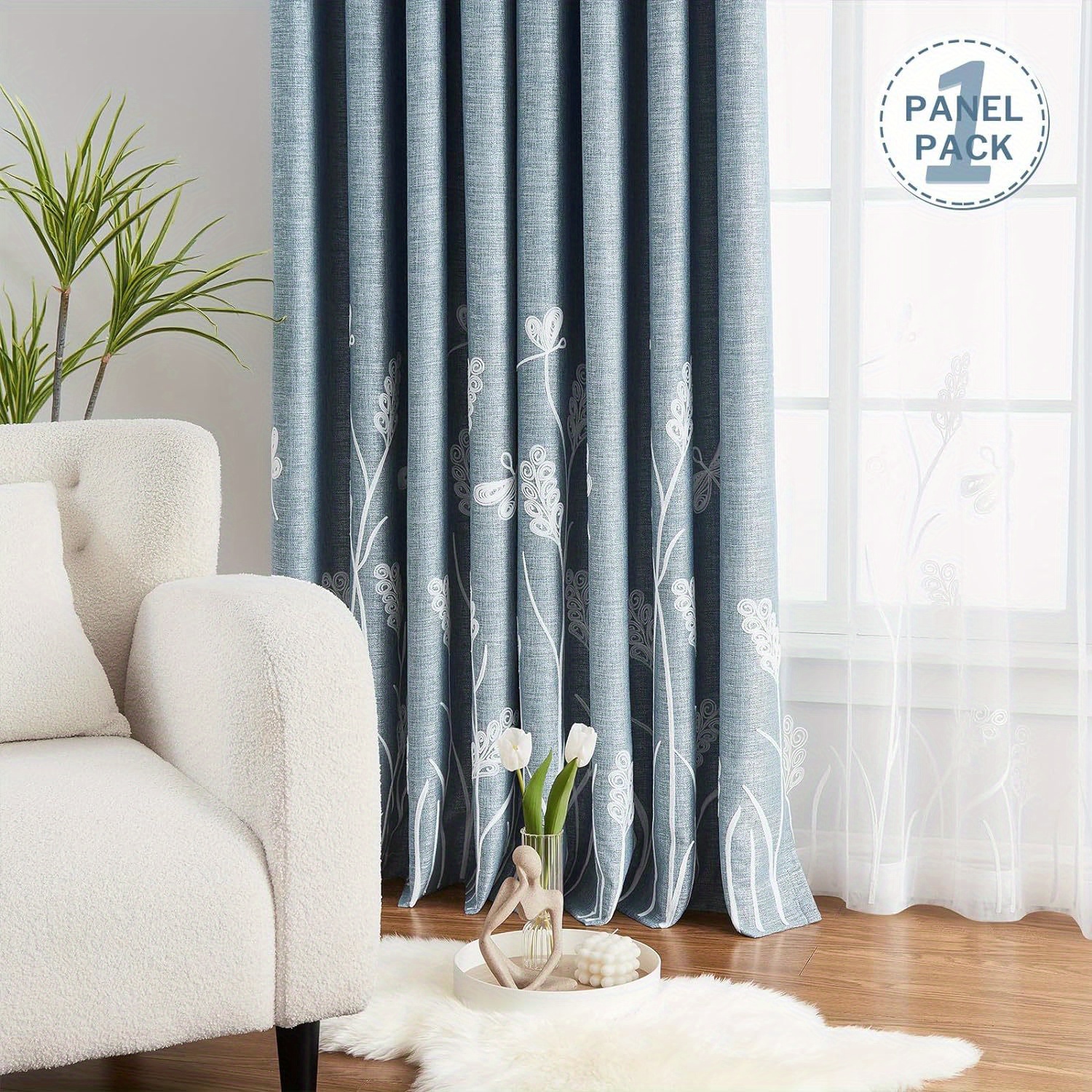 

1pc Embroidery Faux Linen Blackout Wide Curtains For Living Room Patio Door Large Window Grommet Drape For Bedroom, Dining Rooms