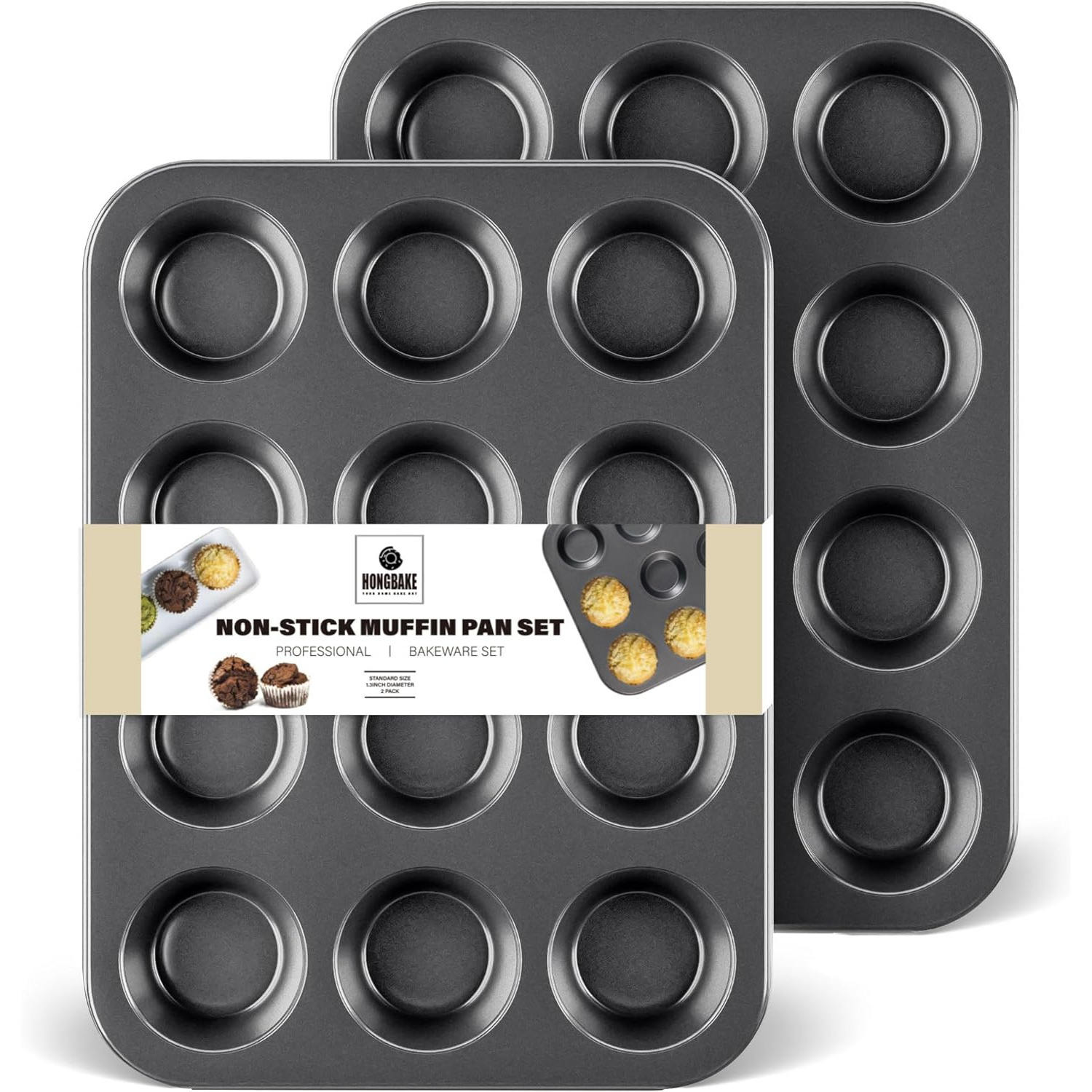 

Hongbake Muffin Pan For Baking, Nonstick Cupcake Tin 12 Cup, 2 Pack Cup Cake Tray, Premium Cheesecake Pans, Dishwasher Safe - Dark Grey