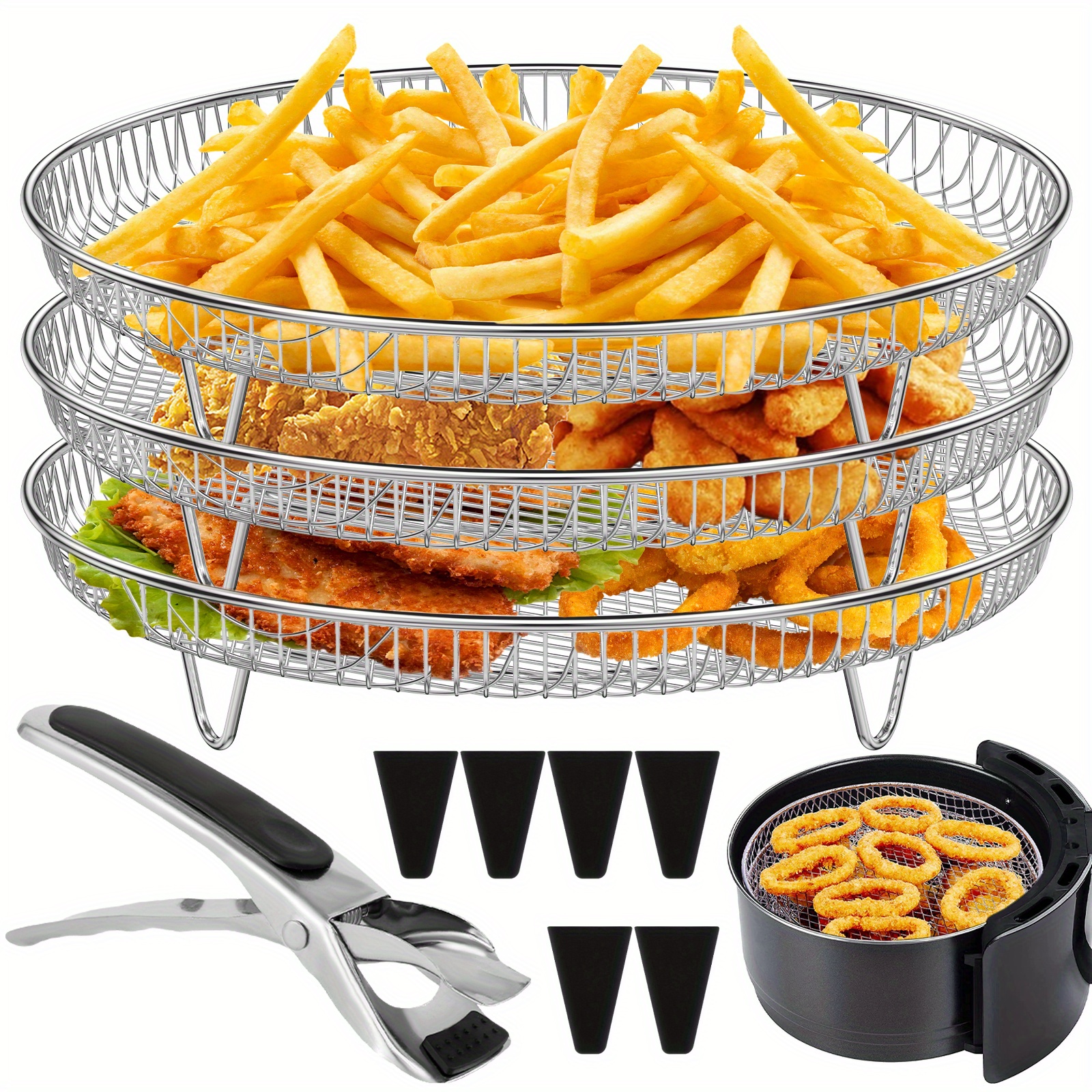 set of 5 stainless steel racks for air fryers featuring elevated feet and clips   reusable stacking racks are designed for 4 2qt 5 8  fryers and are washable making them ideal accessories for baking Product details 5