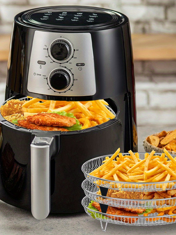 set of 5 stainless steel racks for air fryers featuring elevated feet and clips   reusable stacking racks are designed for 4 2qt 5 8  fryers and are washable making them ideal accessories for baking Product details 6