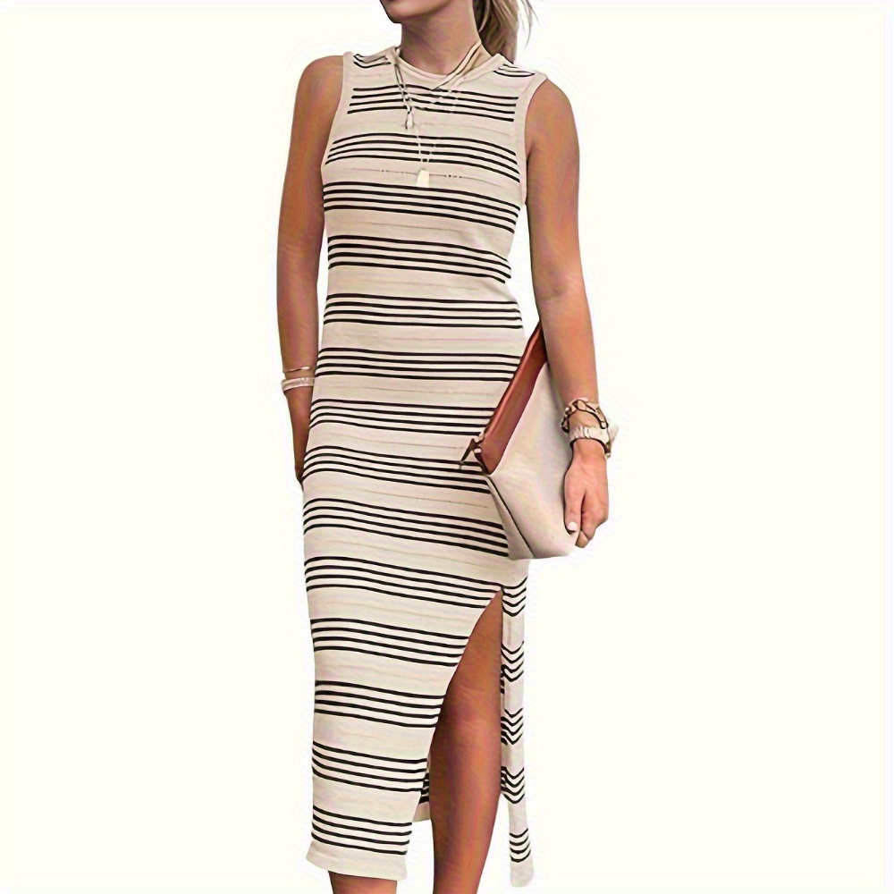 

Women's Summer Bodycon Sundresses Casual Midi Sleeveless Hollow Out Knit Side Slit Striped Long Tank Dress