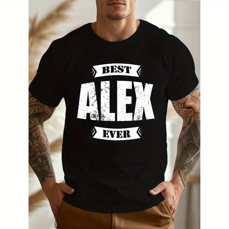 

Best Alex Ever Print Short Sleeve Tee For Men, Casual Crew Neck Sport Shirt, Comfortable Fitness Apparel For Outdoor Activities