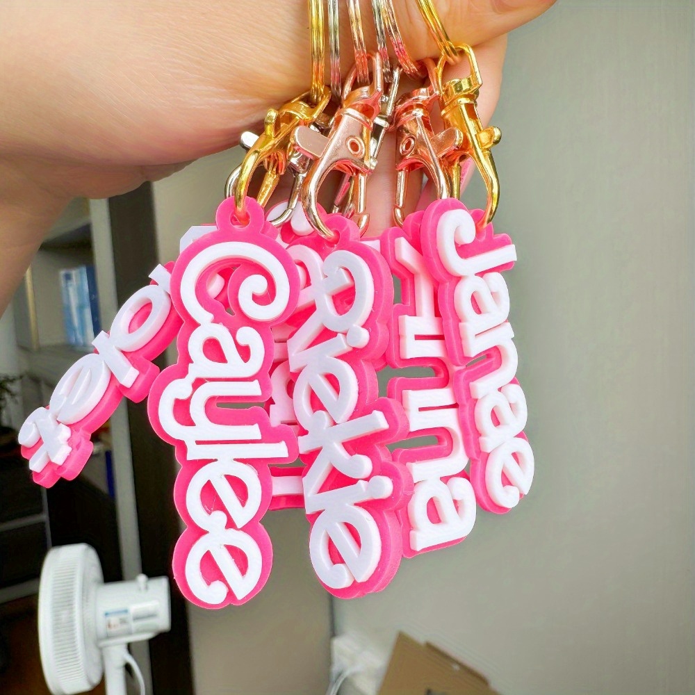 

1 Pc Custom Pink Acrylic Name Keychain, 3d Double Layer Personalized Letter Keyring, Cute Charm With Golden/silvery/rose Golden Hardware, Ideal For Back-to-school Gift