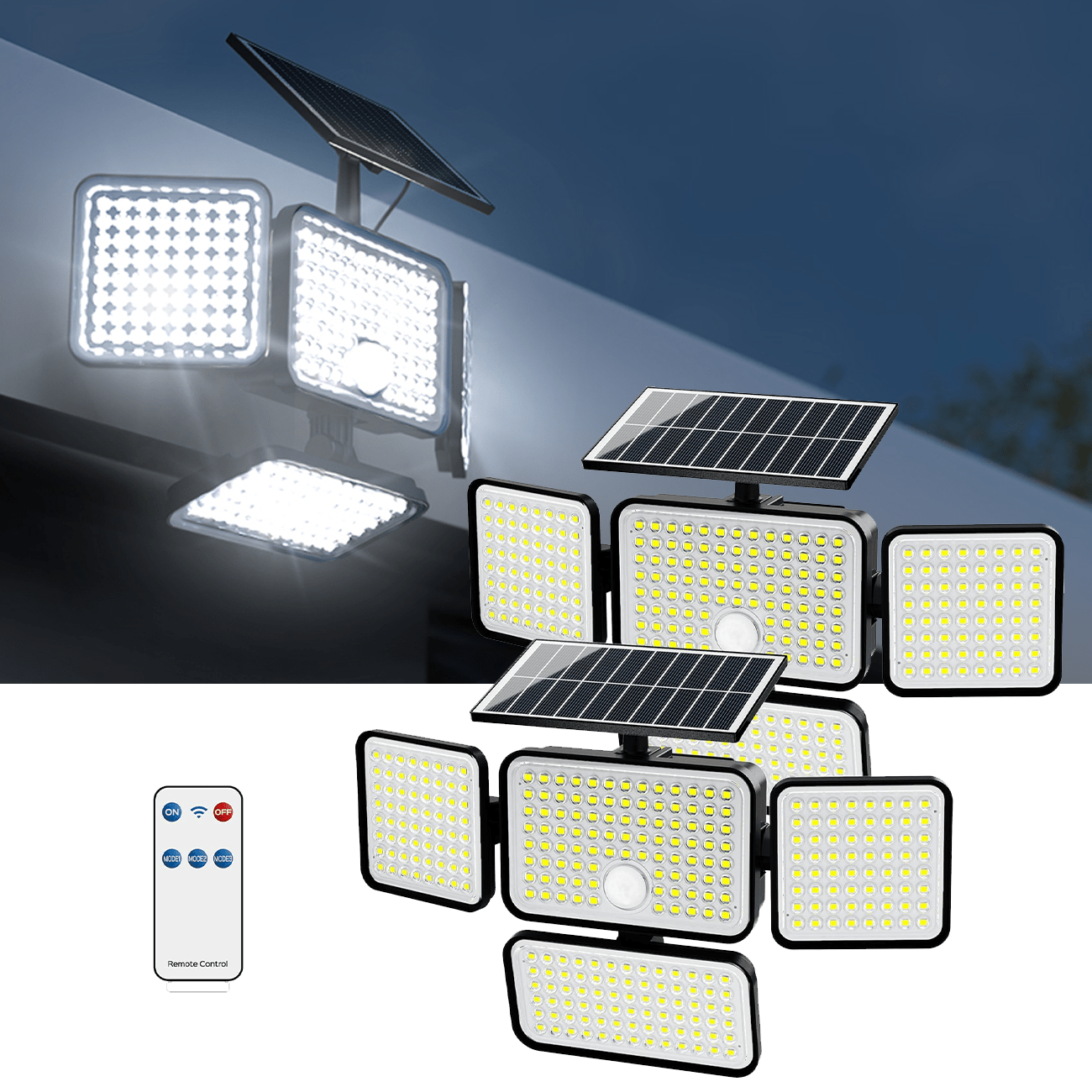

Jackyled Solar Outdoor Lights 2500lm 304 Led Security Lights With Remote Control, 4 Heads Motion Sensor Lights, Waterproof 270° Wide Angle Flood Wall Lights With 3 Modes (2 Packs)