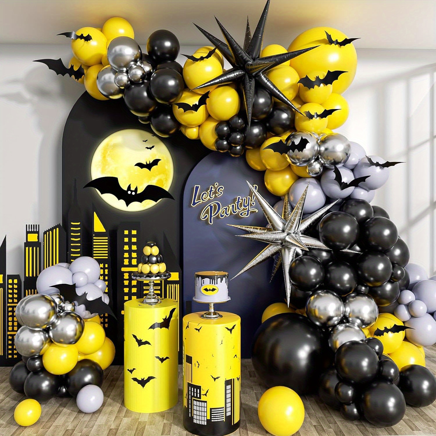 

132pcs Dark Theme Balloon Arch Kit - Includes Black, Yellow, Gray & Silvery Latex & Star Foil Balloons For Birthdays, Dances, Anniversaries & More - Durable, Non-toxic Party Decorations