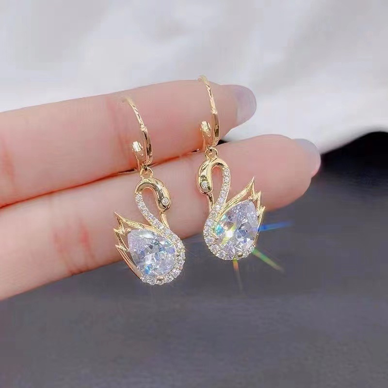 

Elegant Swan Drop Earrings For Women, 18k Golden Plated Copper With Synthetic Cubic Zirconia, Stainless Steel Hooks, Wedding, Party, Holiday, Thanksgiving Gifts