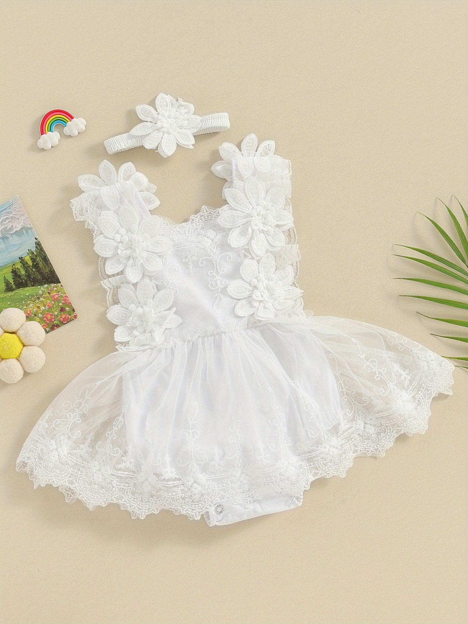 adorable white lace baby girl romper floral embellishments Temu