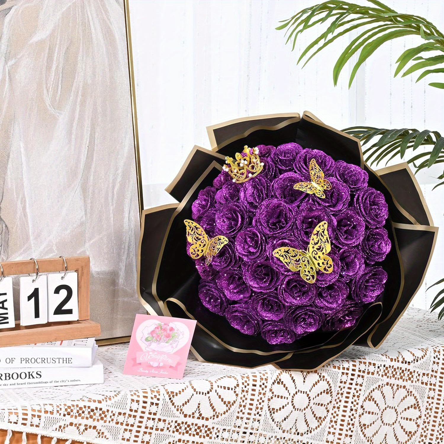 30 Rose Artificiali Viola Glitterate Con Stelo – Altezza 30,5 Cm – Per Bouquet Fai Da Te, Matrimonio E Decorazioni Casa - 2