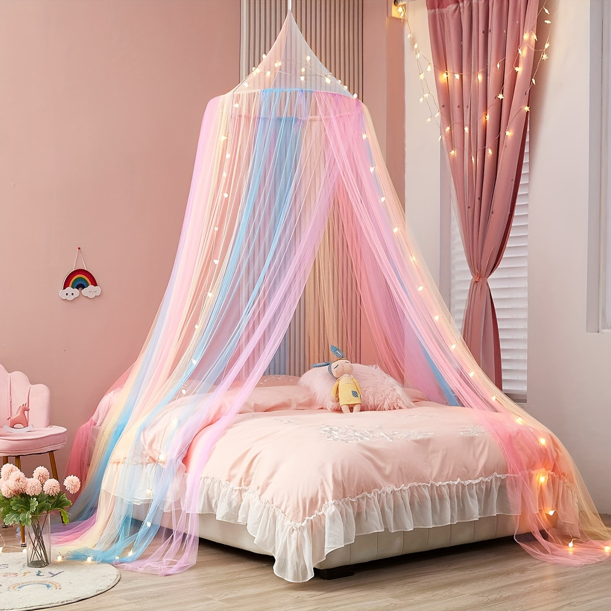 *. Regenbogen Bett Baldachin, Bunte Prinzessin * Zelt, Rosa Kuppel  Leseecke, Einhorn Themenparty Deko, Bunte Kuppel Moskitonetz Keine  Installation