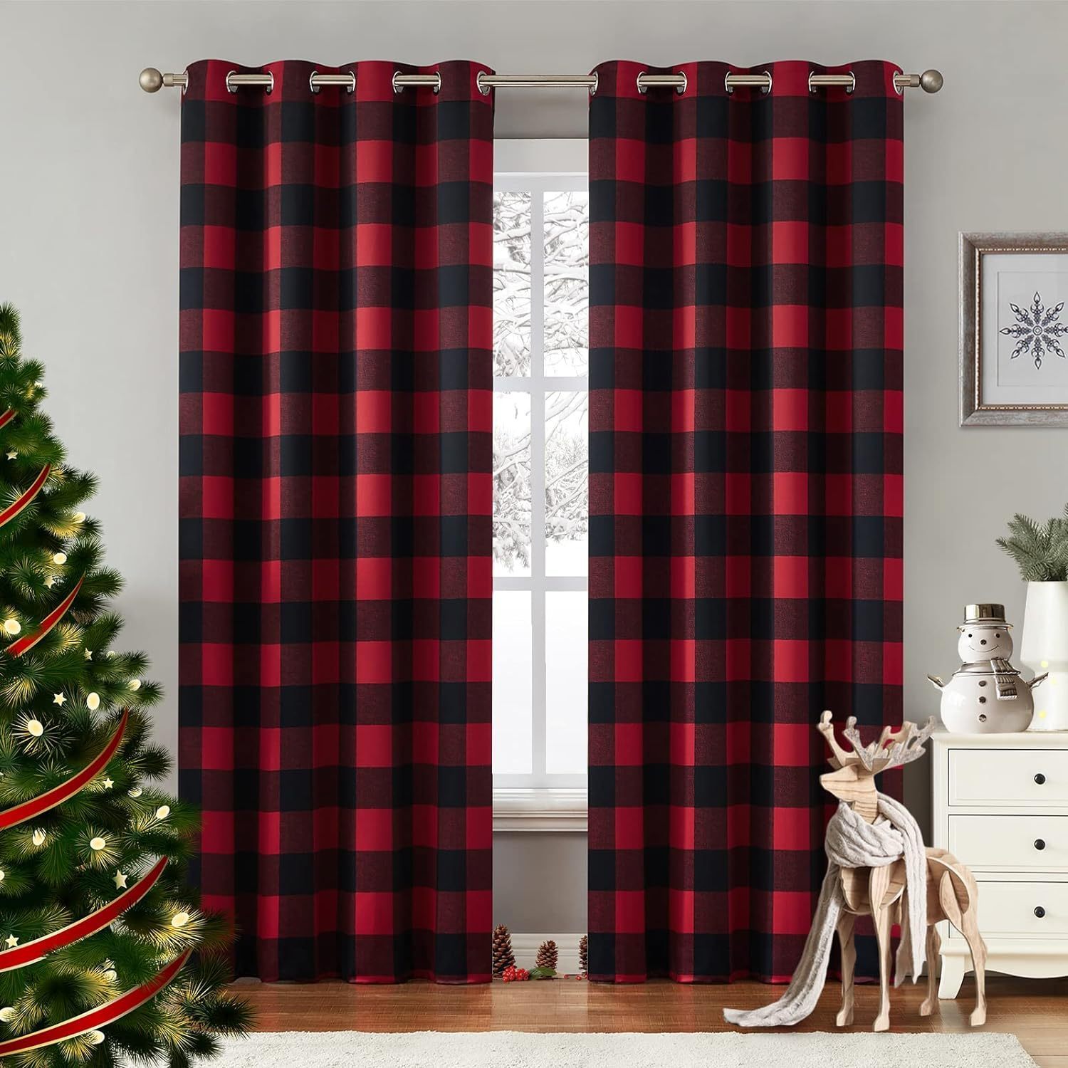 

2 Panels Black Red Buffalo Check Plaid Blackout Curtains Thermal Insulated Room Darkening Grommet Drapes For Living Room, Bedroom