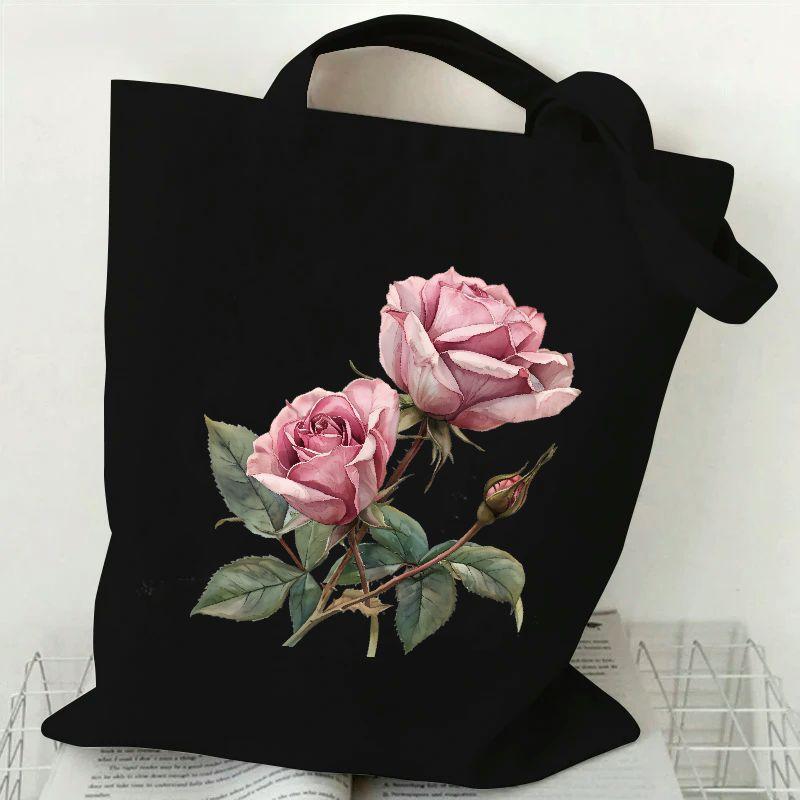 TEMU 1 Pc Pink Rose Print Portable Shoulder Bag, Casual Canvas Tote Bag, Durable And Reusable Handbag For Holiday