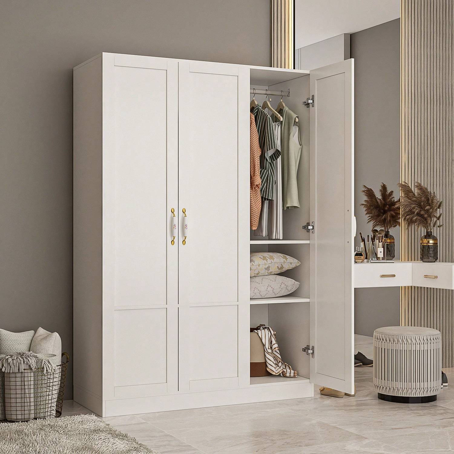 

Large Wardrobe Armoire Wooden Closet With 3 Doors, 5 Storage Compartments, 2 Hanging Rods & Decorative Handles For Bedroom, White (47.2"l X 18.3"w X 69.7"h)