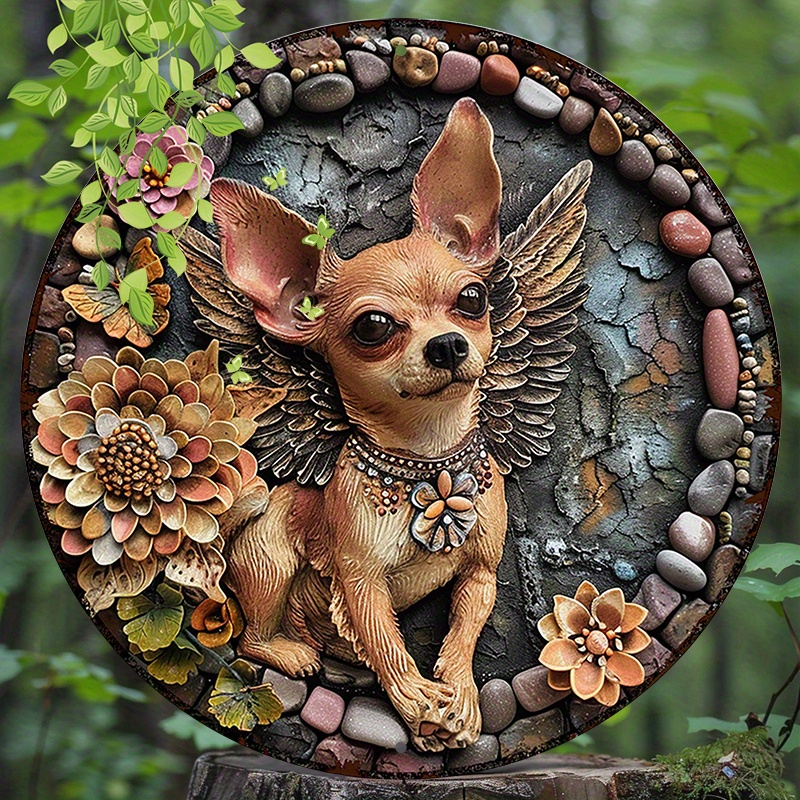 

8x8inch/20x20cm Round Aluminum Sign: Chihuahua With Wings Style Theme Metal Sign - Suitable For Wreath, Home Decor, And Gifts