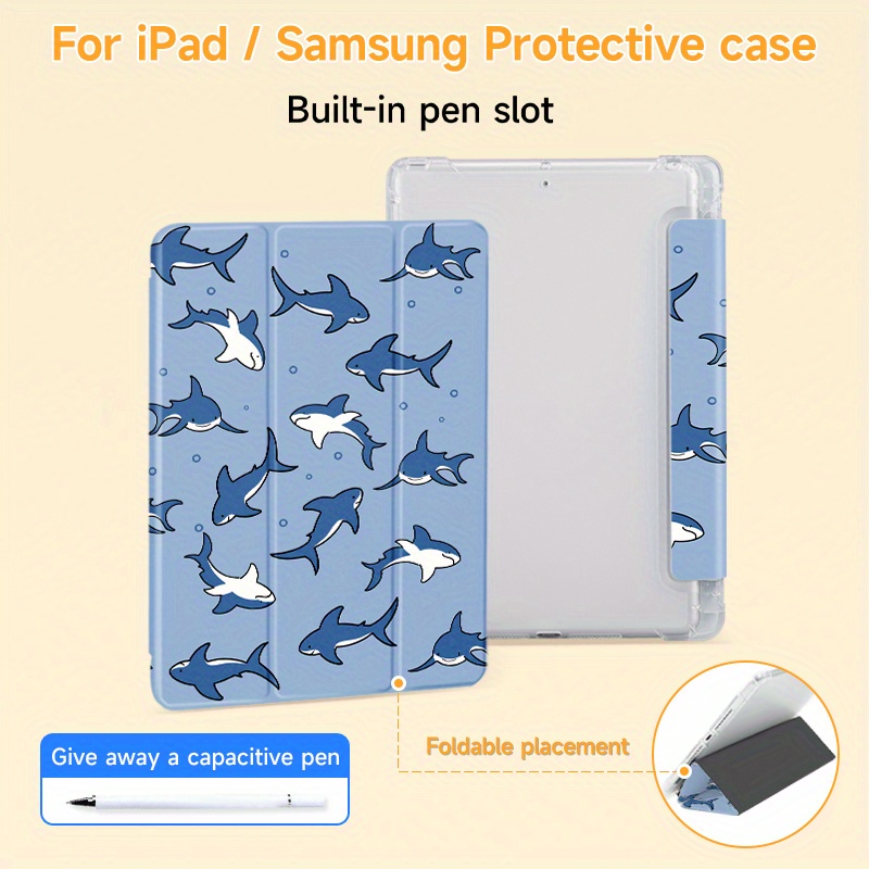 

2-piece Playful Shark Pattern Case With Stylus For 9.7/10.2/10.5/10.9/pro 11" & For Samsung Protective Covers