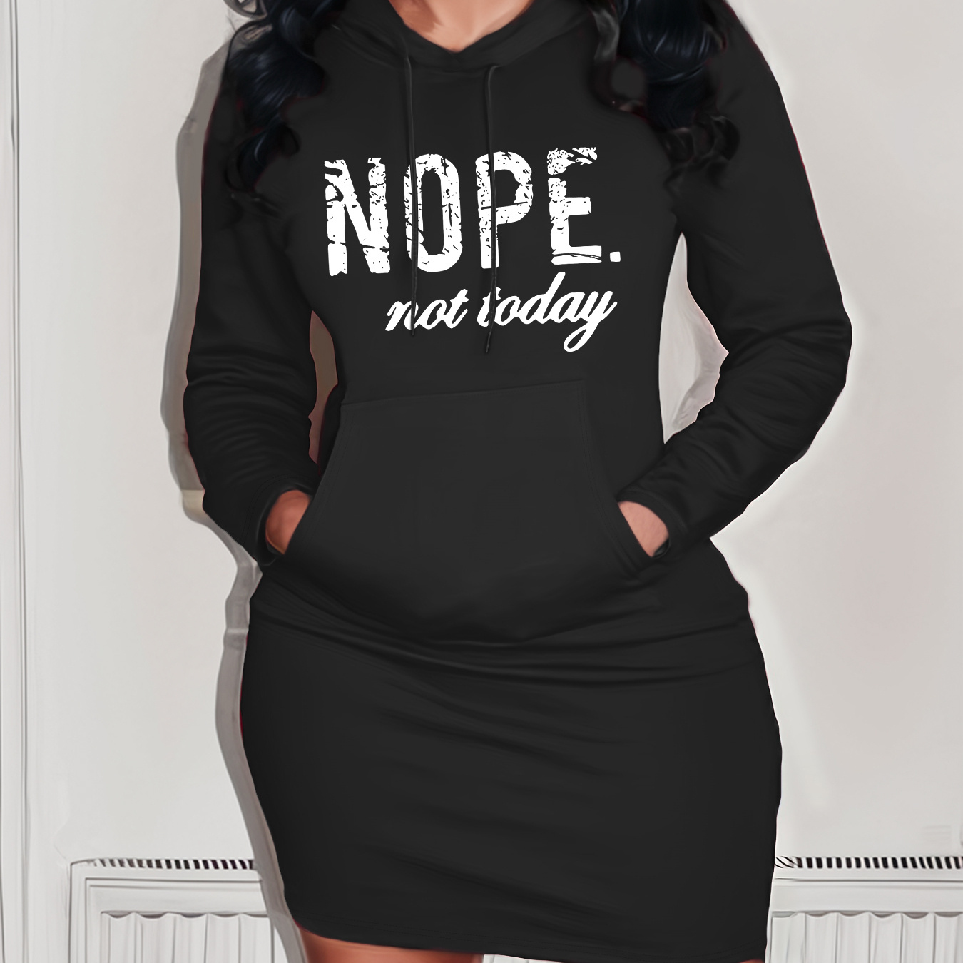 

Nope Print Hooded Dress, Casual Drawstring Long Sleeve Dress, Women's Clothing