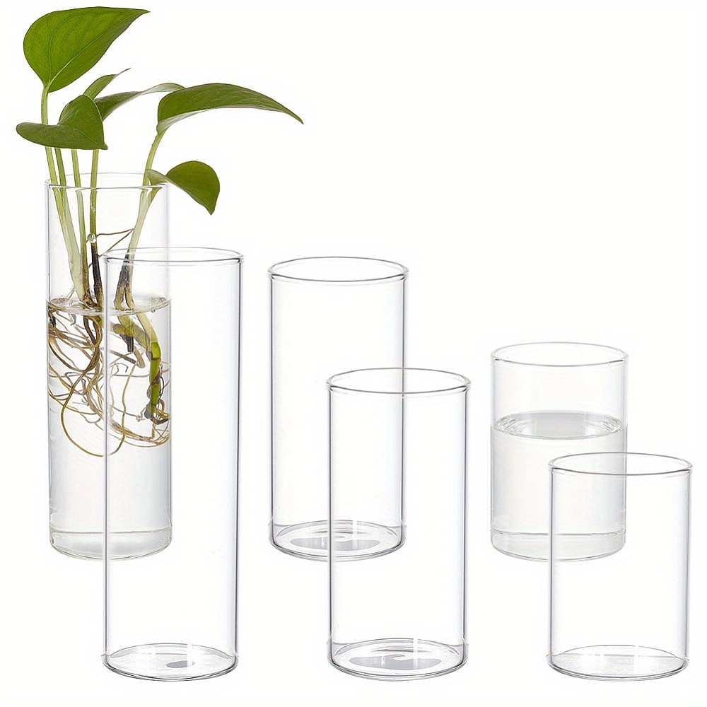 

6 Pcs Glass Cylinder Vases: 3 Styles, Clear, High Suspension, Candle Holders For Home, Office, Wedding, And Display Decorations