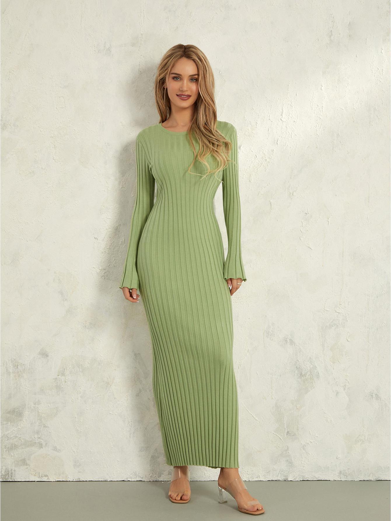 women solid color ribbed dress elegant long sleeve crew neck - Temu