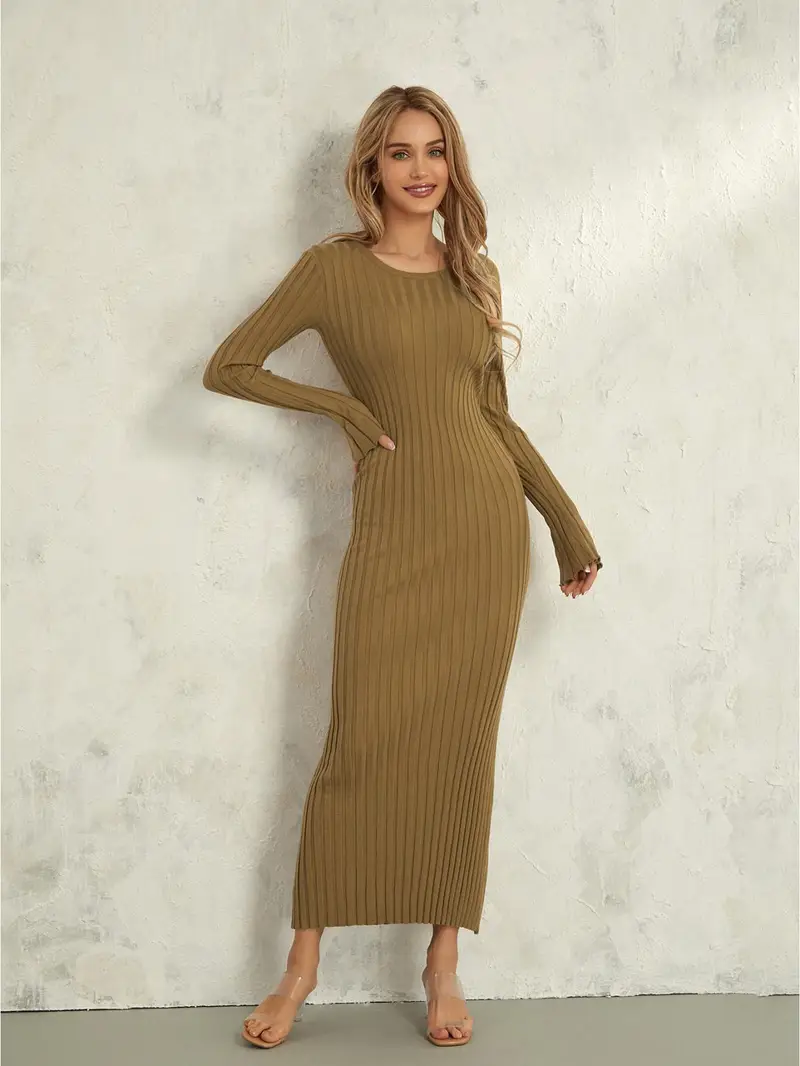 elegant ribbed knit long sleeve dress women crew neck solid - Temu elegant ribbed knit long sleeve dress women crew neck solid - Temu