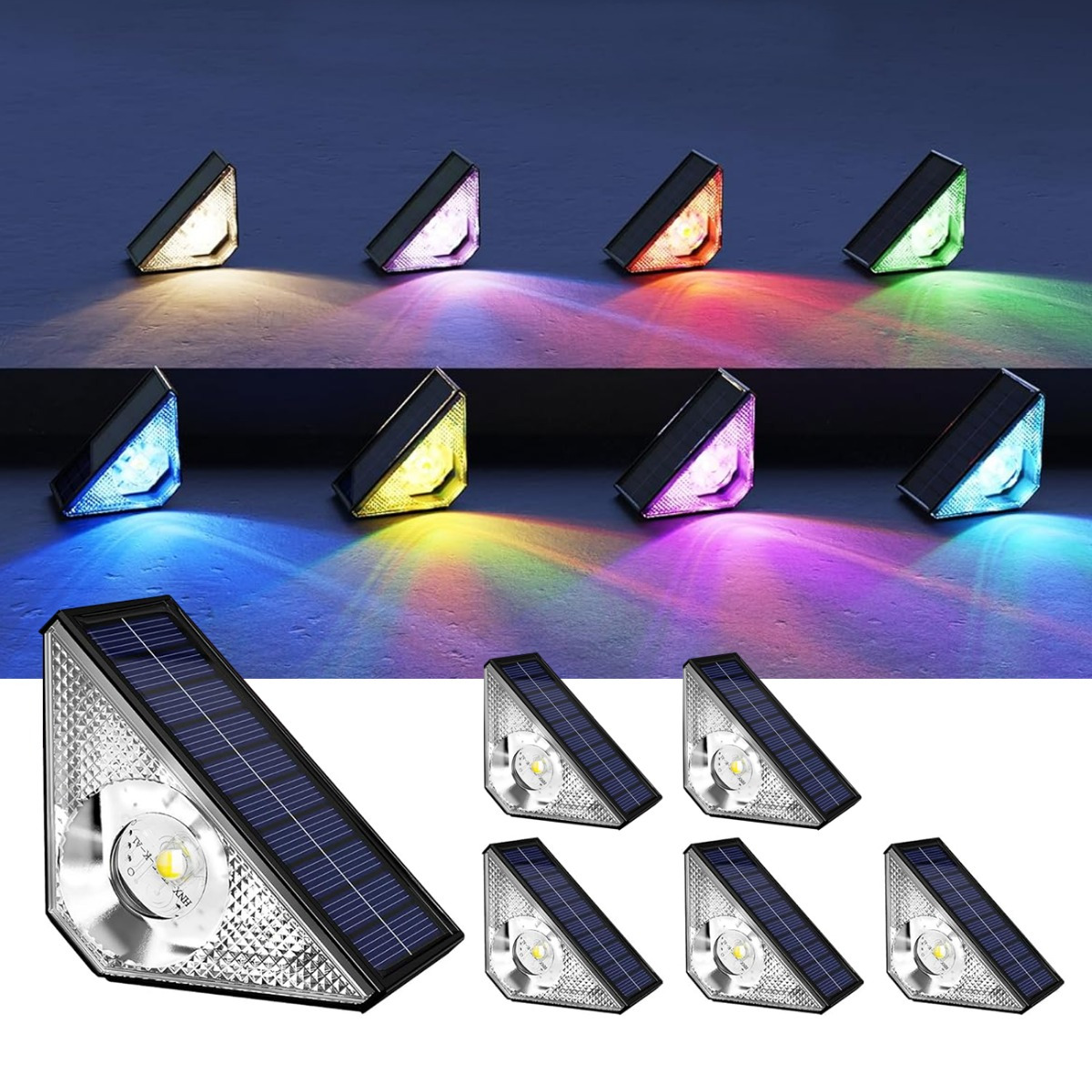 

Jackyled Solar Step Lights Waterproof, Warm And 7 Rgb Colors Deck Lights Solar Powered, Triangle-shaped Solar Stair Lights For Outside Patio Decor Porch Backyard (6 Pack)
